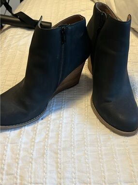 Report Black Wedge Ankle Booties with Wood-look Heel